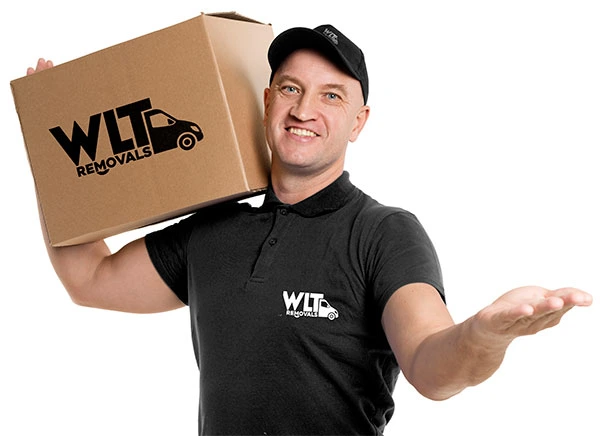 WLT Removals staff member holding a moving box, ready for man and van services in London